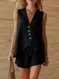Casual Cotton-Linen V-Neck Buttoned Sleeveless Top And Shorts Two-Piece Set